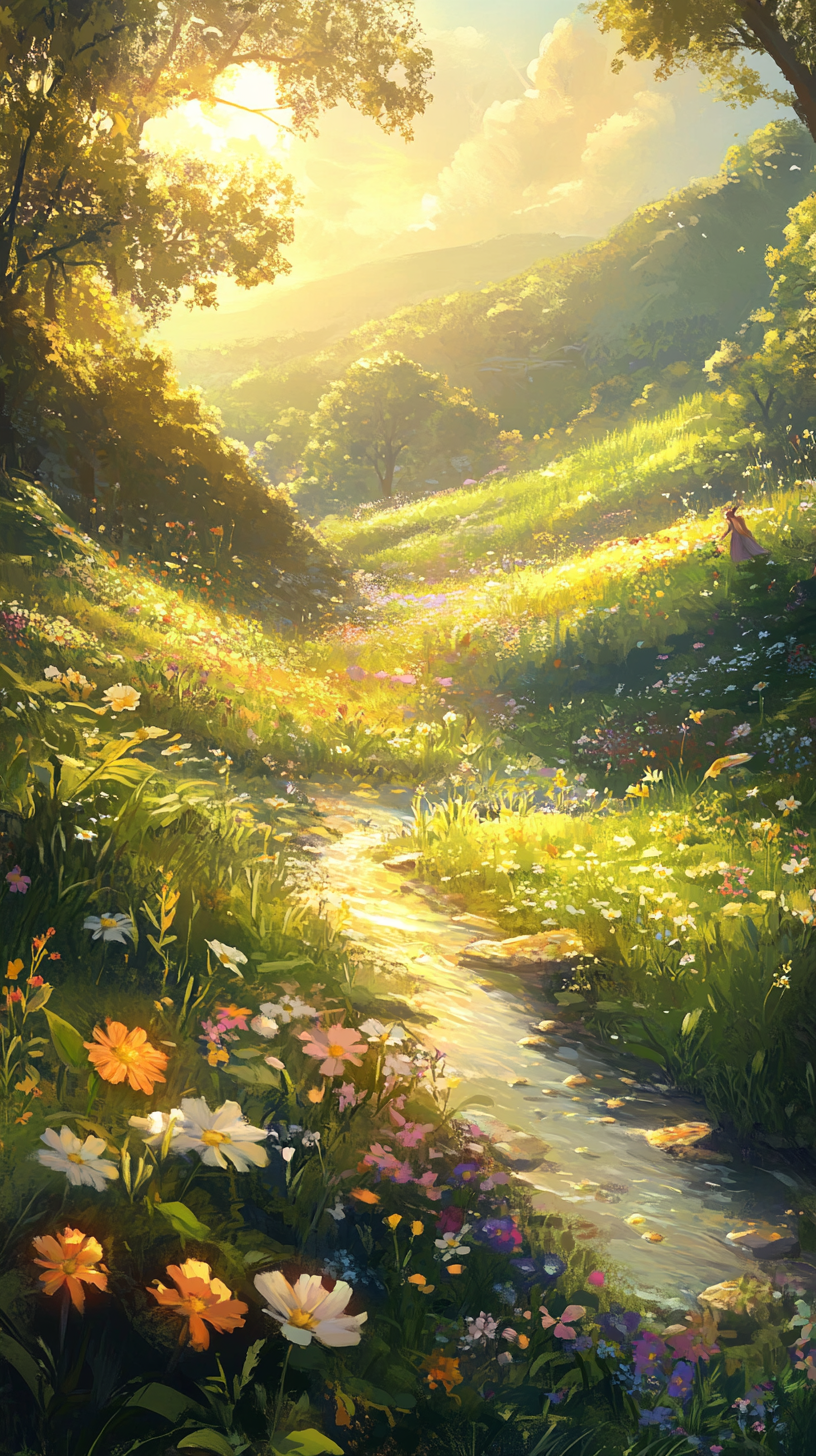 Serene, sunlit meadow with playful creatures and gentle faeries.