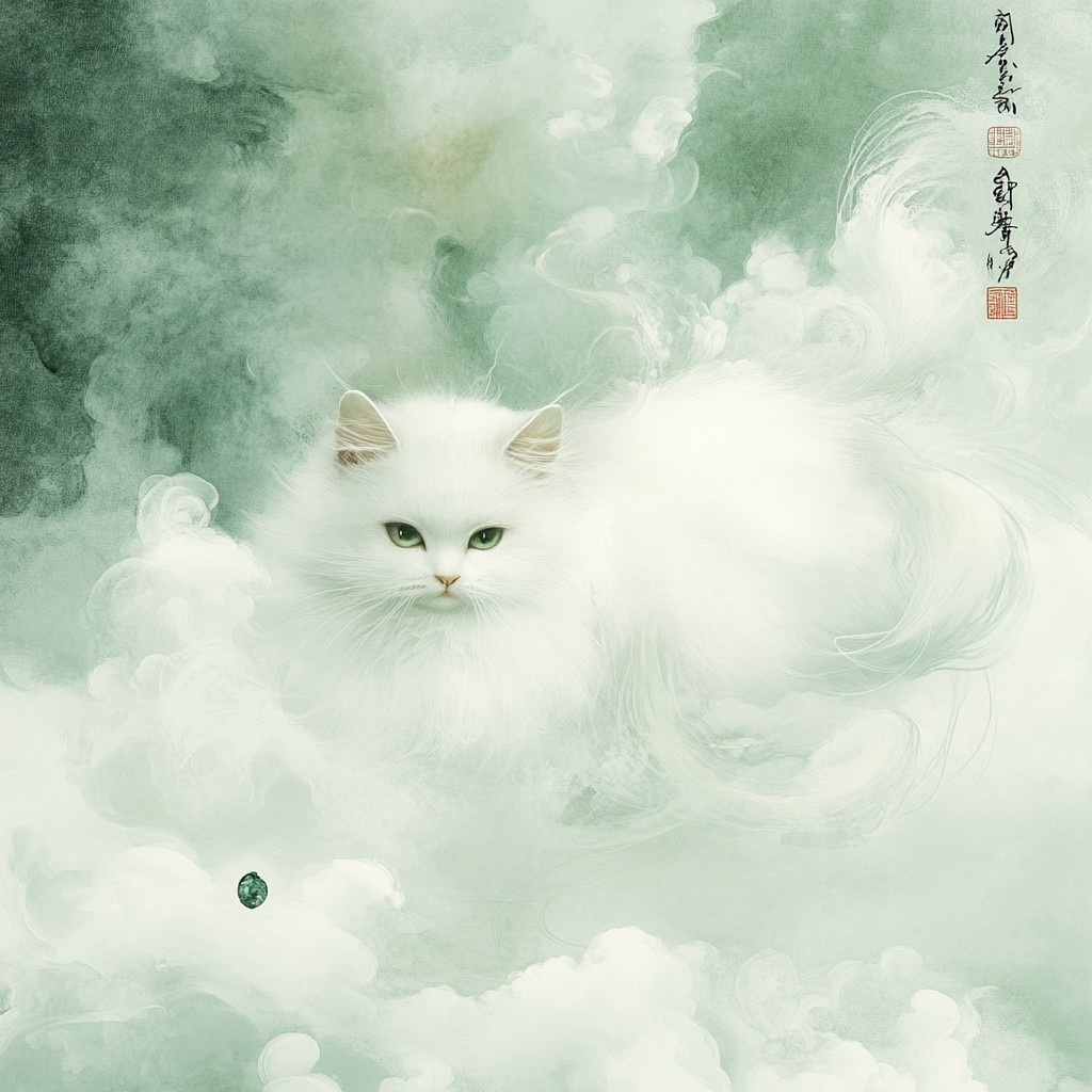 Serene Chinese Ink Painting with White Cat