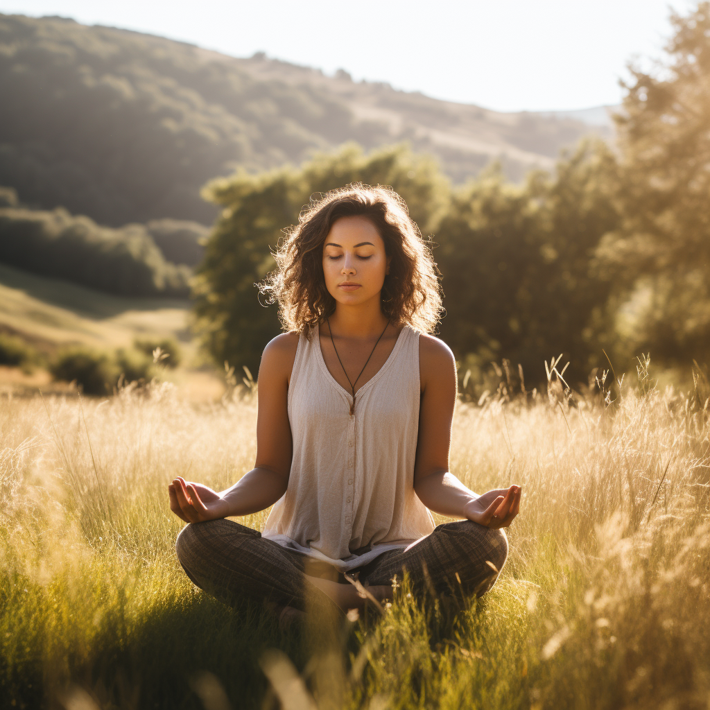 Serene Countryside Meditation Scene surrounded by Nature