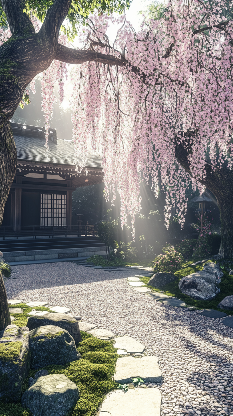 Serene Japanese Zen Temple Garden with Cherry Blossoms