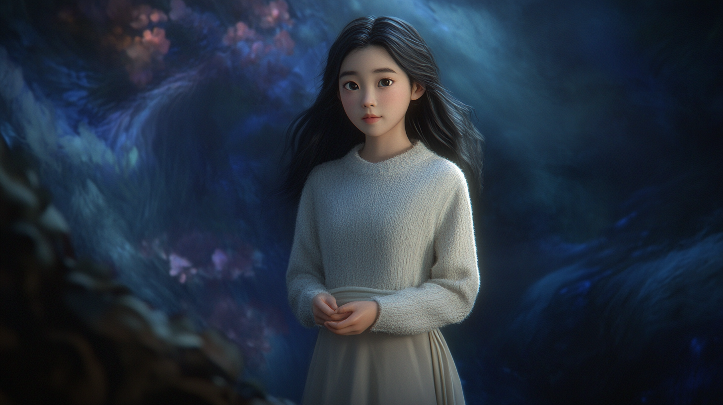 Serene Korean girl in mystical dreamlike setting.