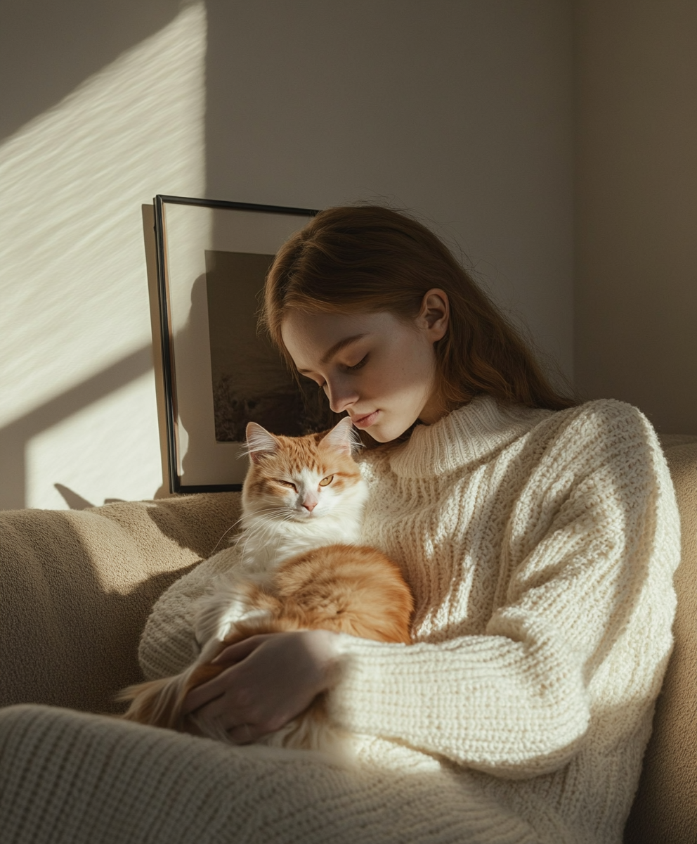 Serene Moment: Woman Holding Red Cat on Sofa