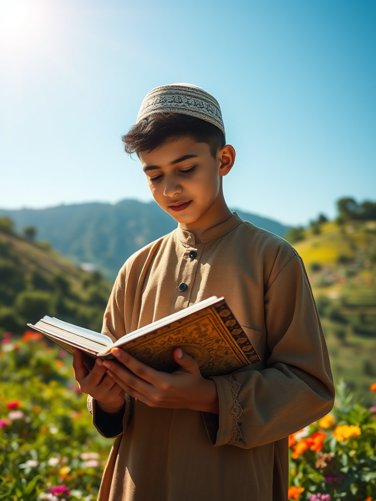 Serene Muslim boy reading Quran in beautiful valley