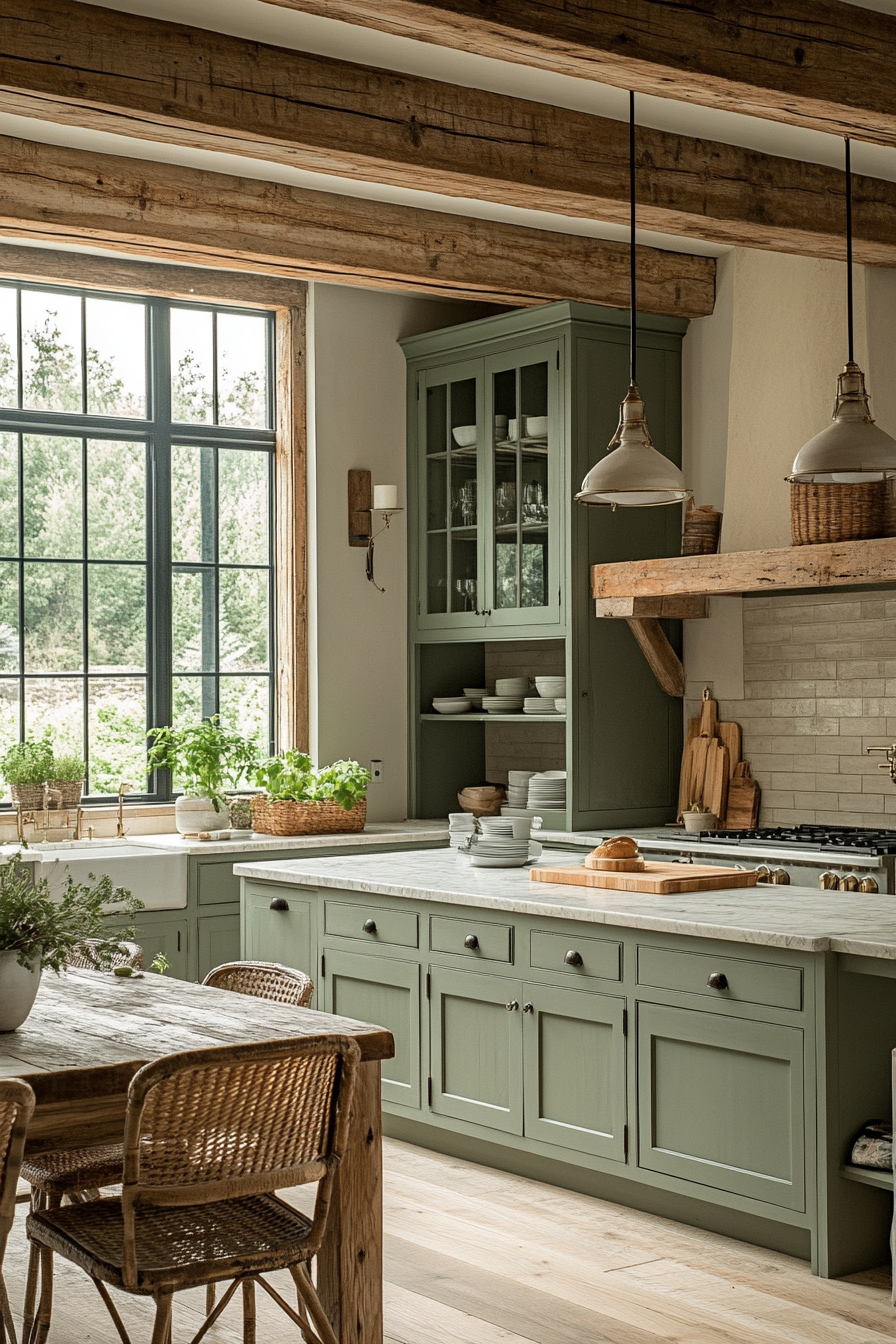 Serene Rustic Modern Kitchen with Green Cabinets & Wood Accents