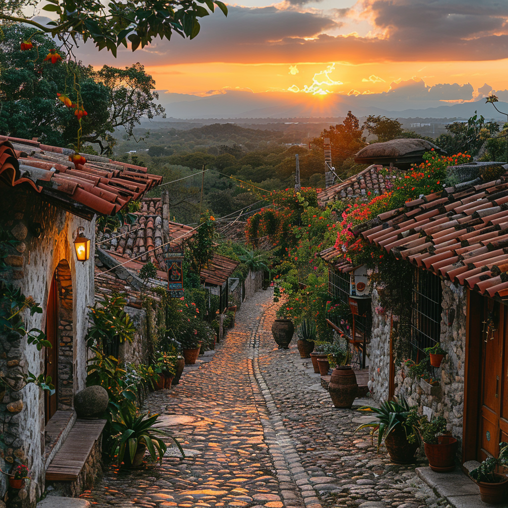 Serene Sunset Rural Mexican Village Cobblestone Streets