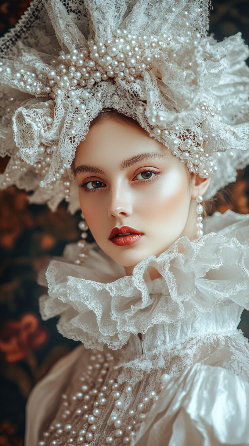 Serene Woman in Baroque Attire with Pearls Portrait