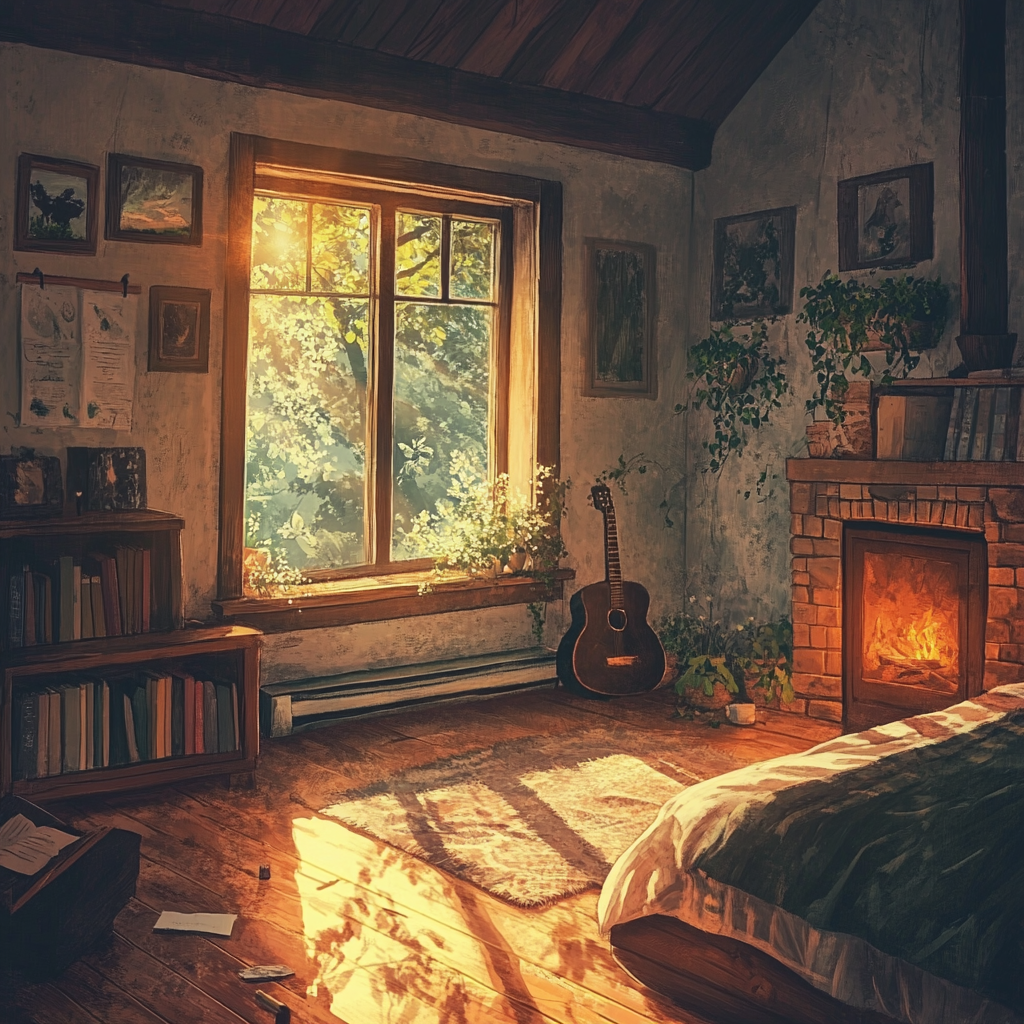 Serene album cover with cozy, comforting environment 