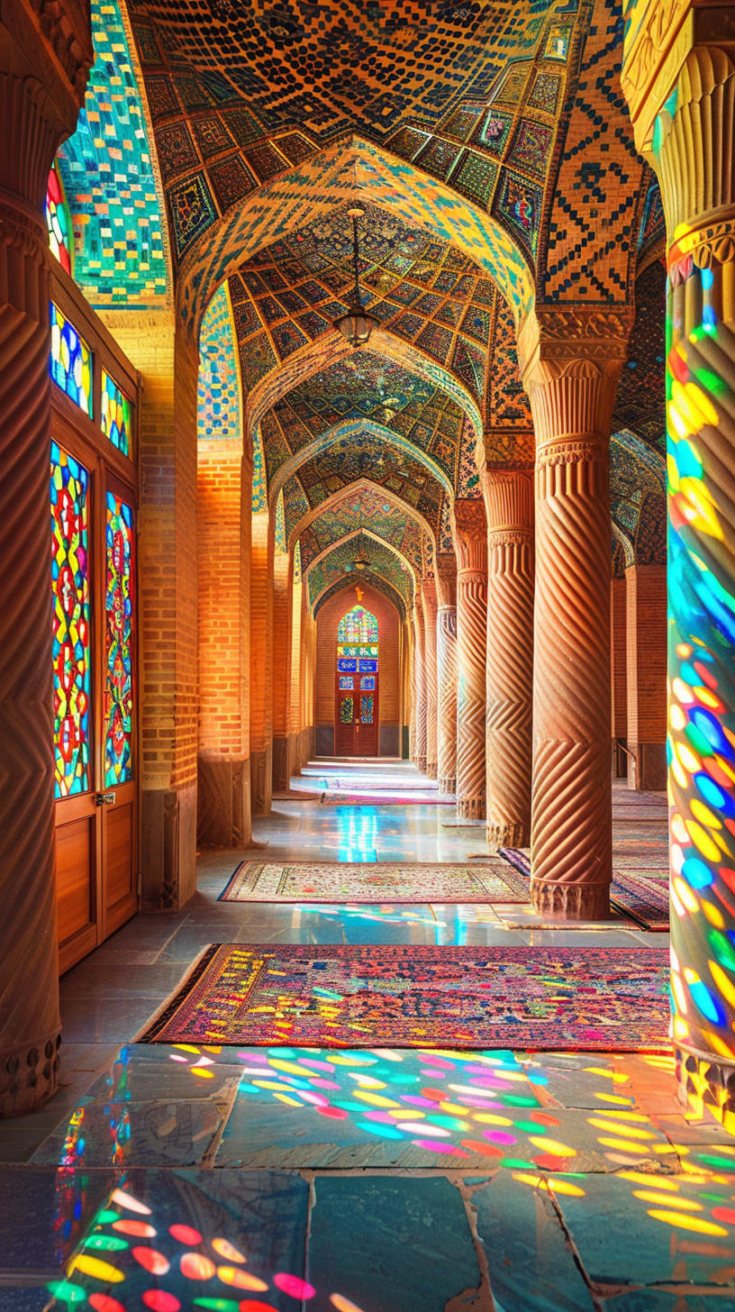 Serene and majestic hallway with colorful stained-glass windows.