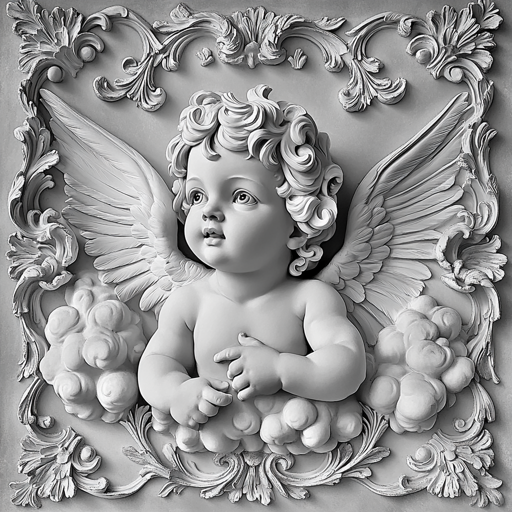 Serene cherub framed by ornate details in monochrome