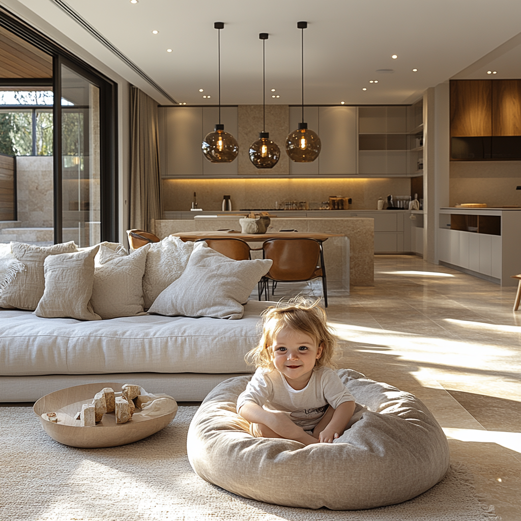 Serene child playing in cozy, modern living room