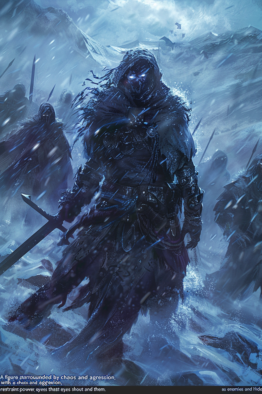 Serene figure in chaotic battlefield with glowing eyes.