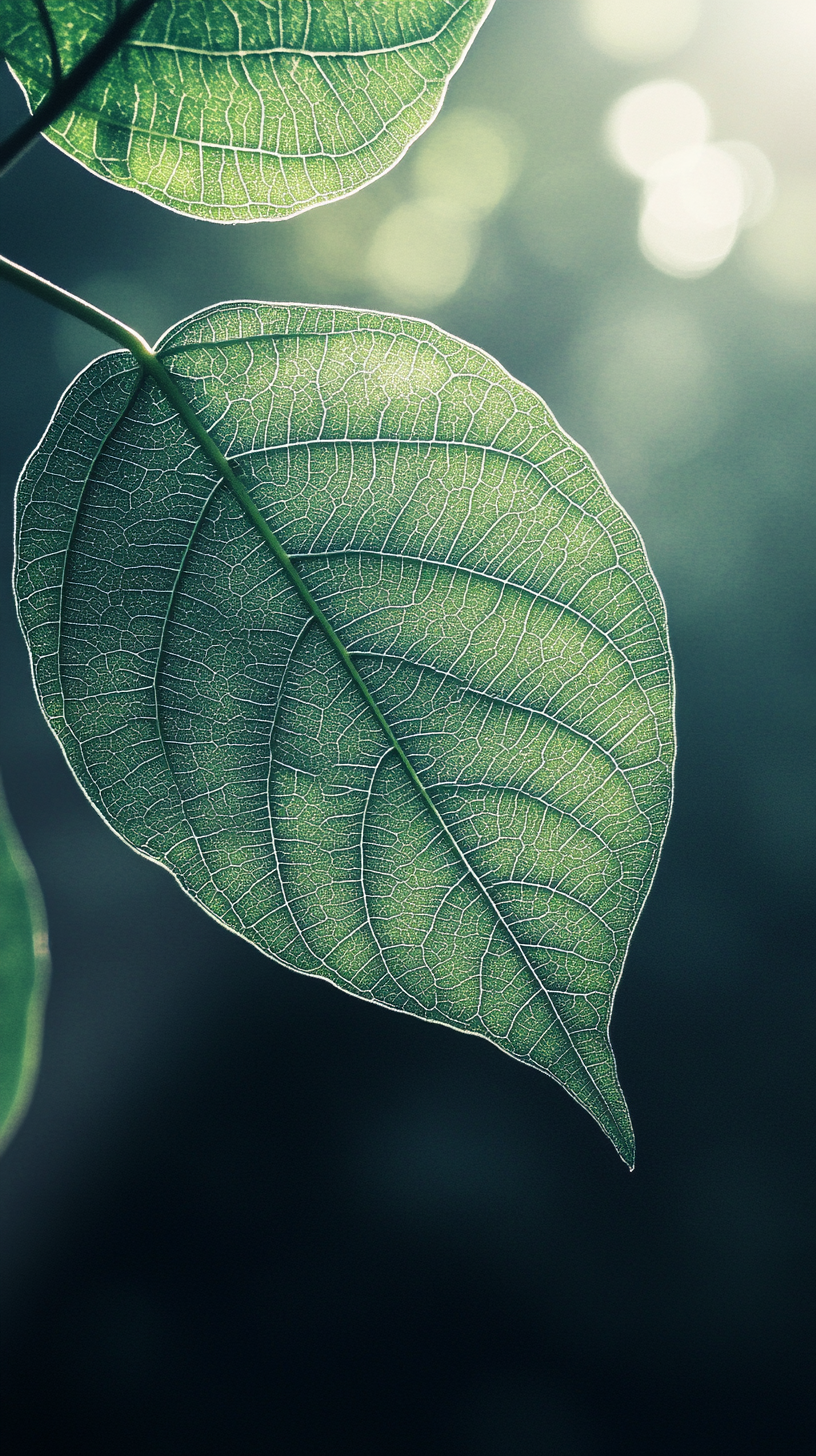 Serene forest with detailed green leaf in sunlight.