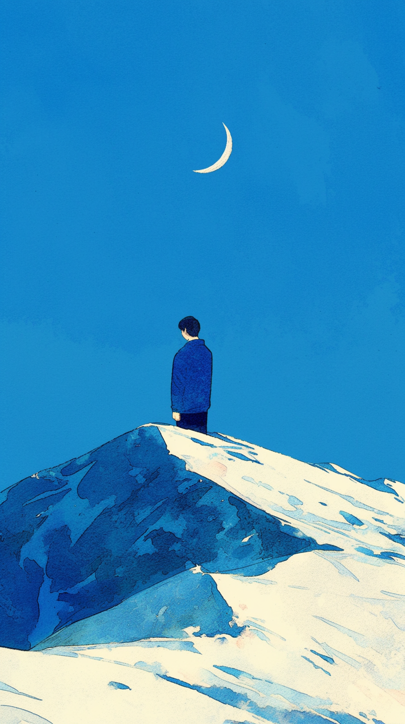 Serene man in blue sweater gazes at moon on mountain.