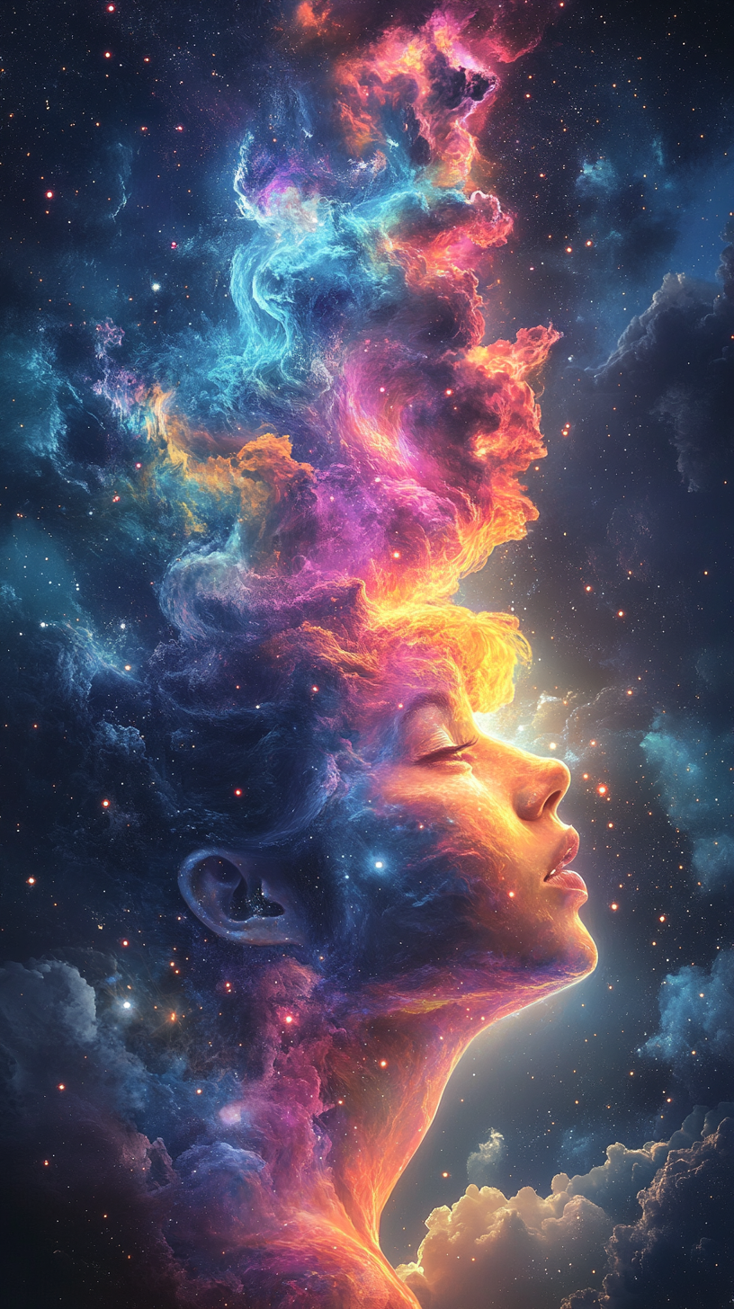 Serene person with swirling cosmic colors, night sky backdrop.