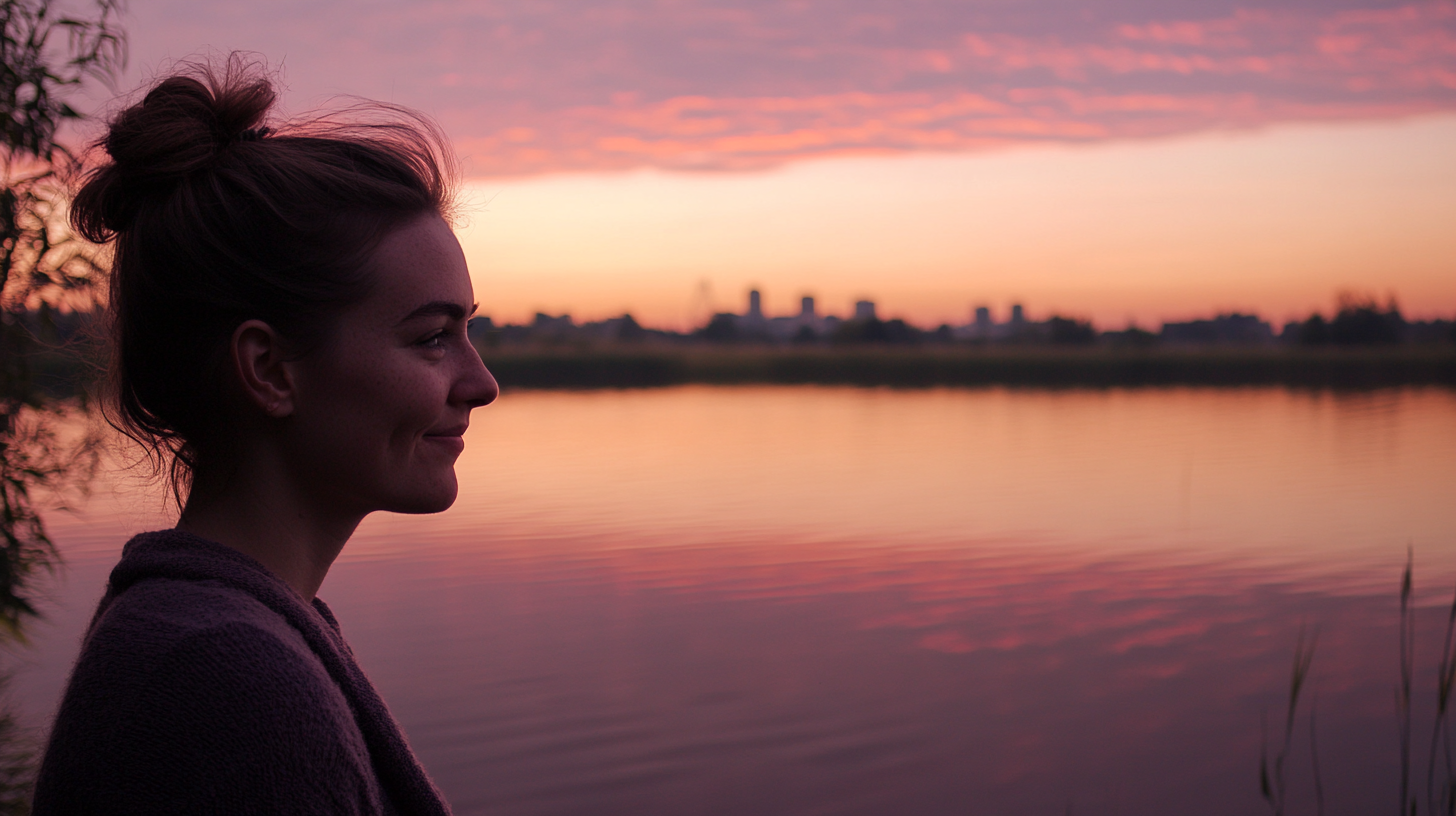 Serene photo of woman by lake at sunset.