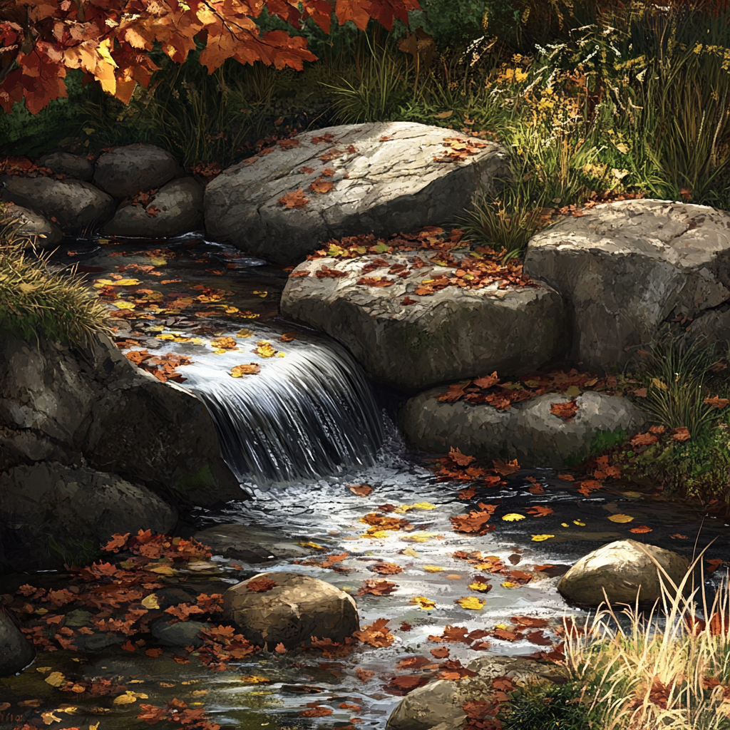 Serene stream with rocks, leaves, grass. Nature scene.