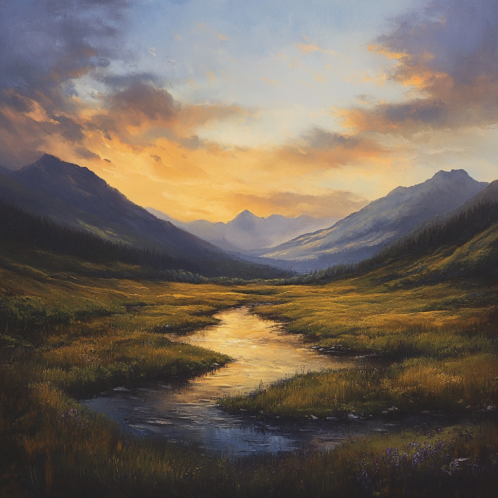 Serene sunrise landscape with glowing valley and mountains.