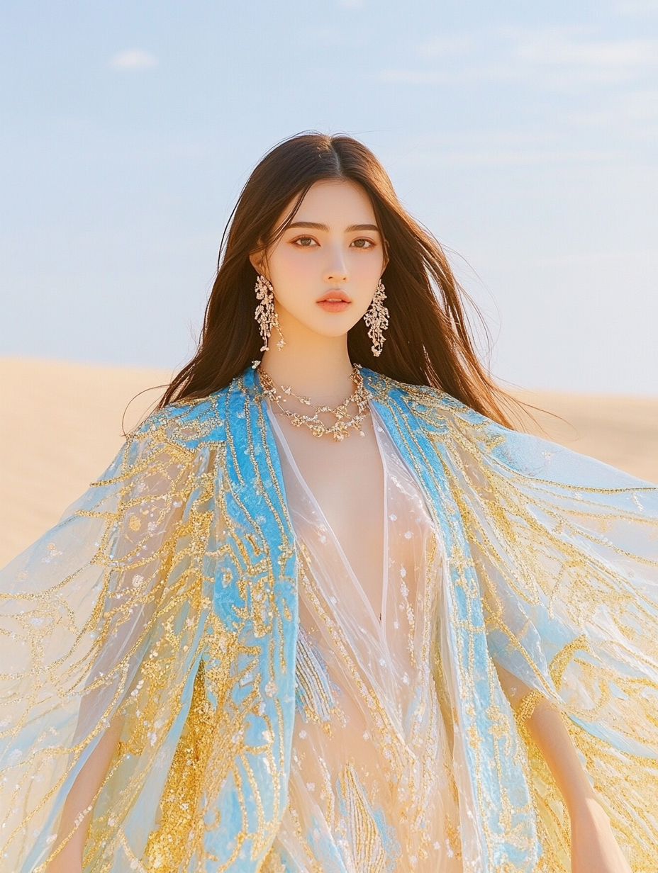 Serene woman in gold and blue, surrounded by sand.