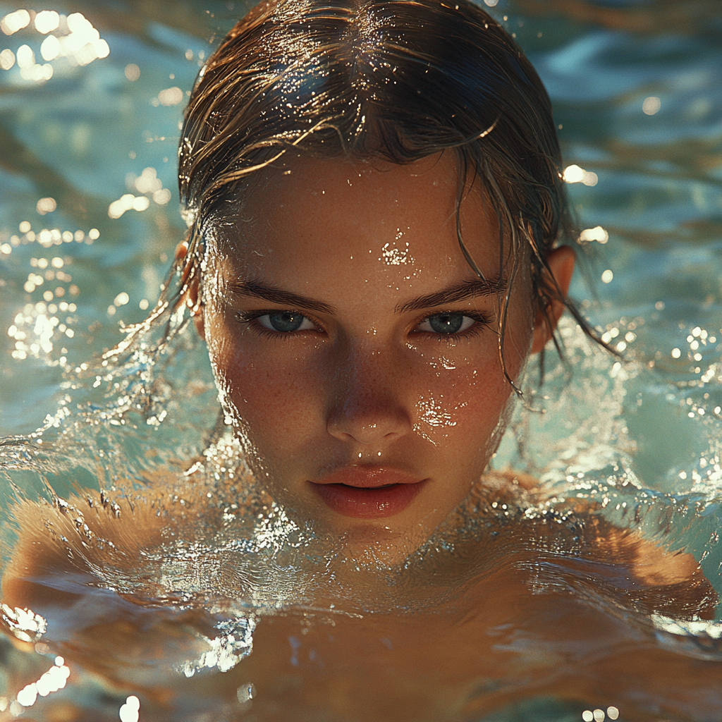 Serene woman rising from water in natural light