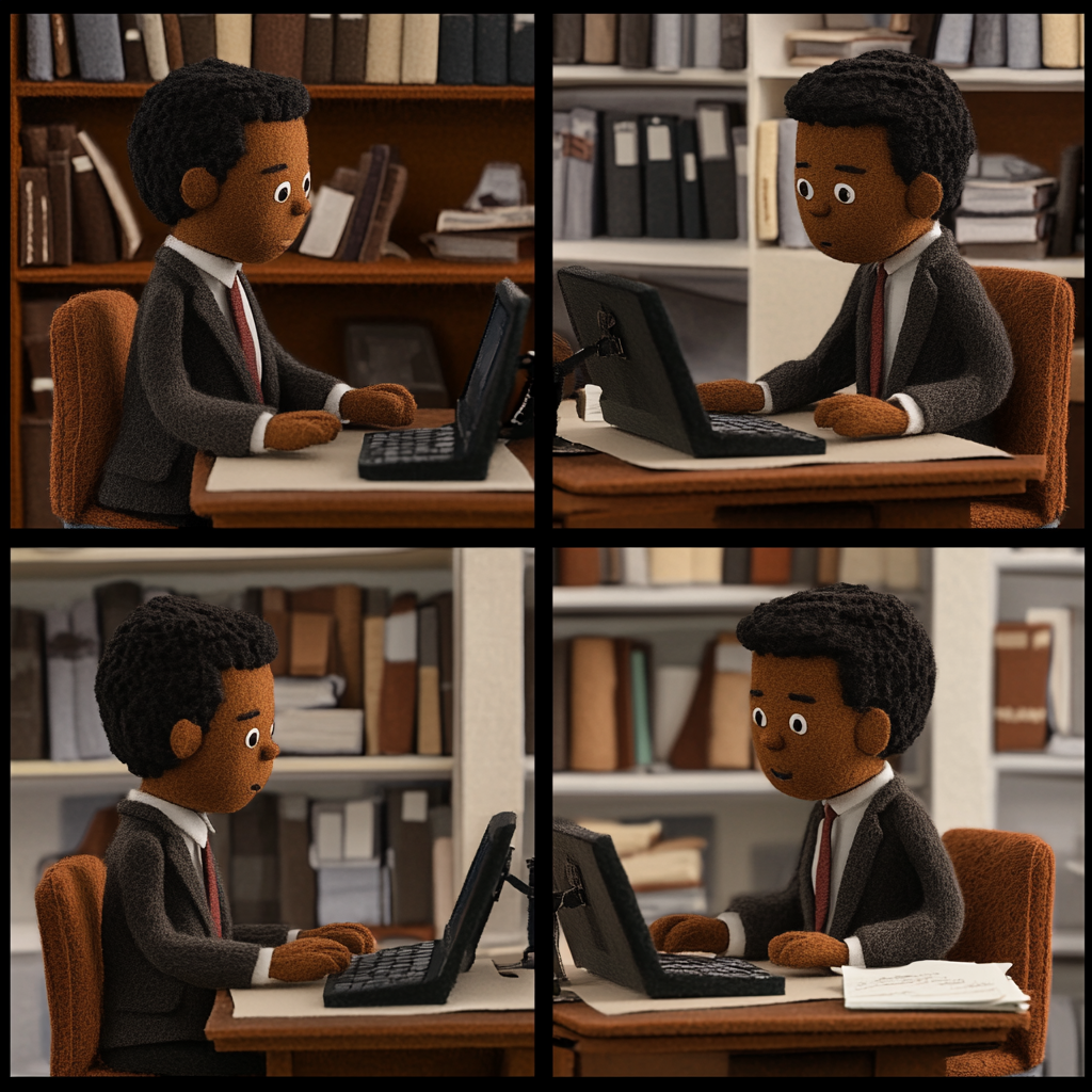 Series of felt art pieces depicting brown-skinned office worker.