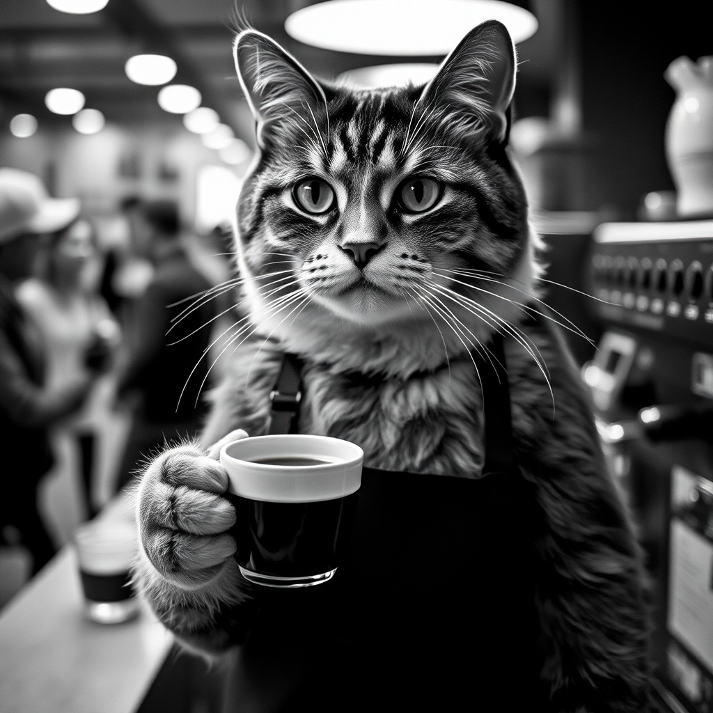 Serious Barista Cat Holding Espresso, Whiskers Defined.