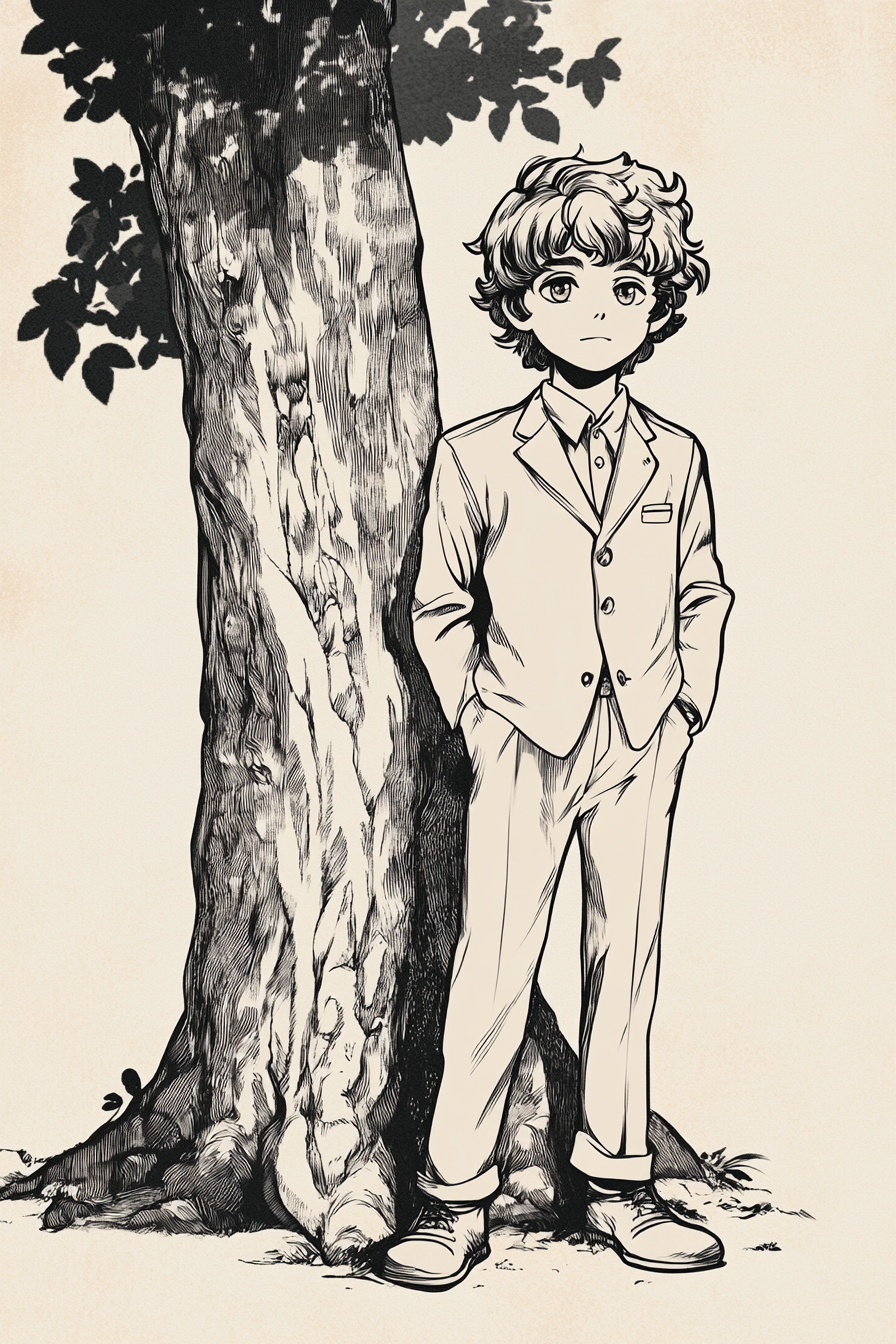 Serious Boy and Large Tree in Anime Style