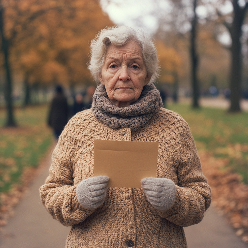 Serious Elderly Woman with Envelope in Park