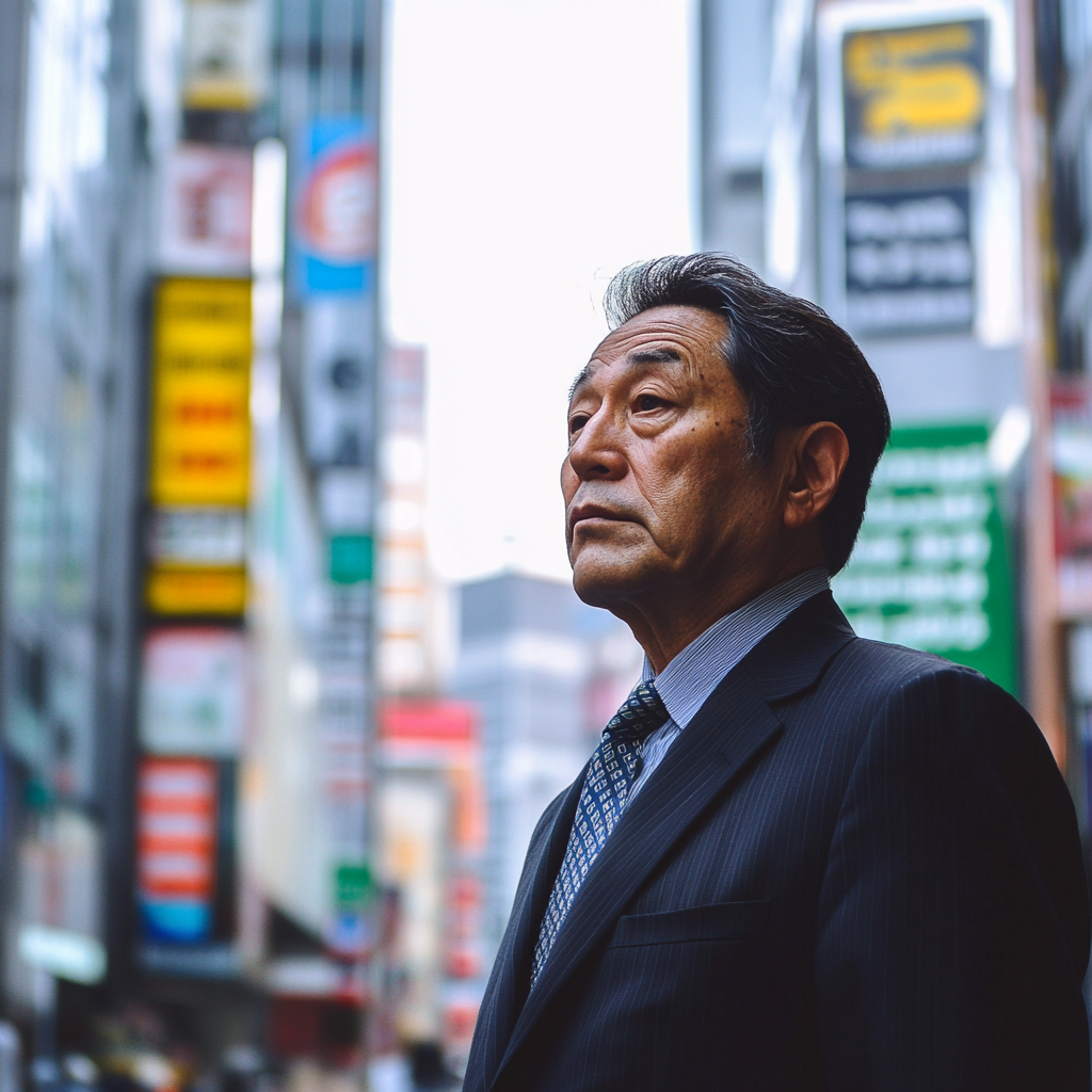 Serious Japanese man in 50s in suit.