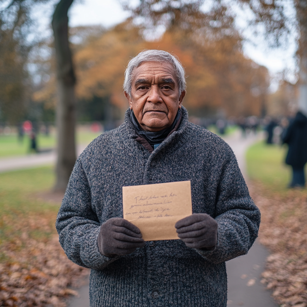 Serious Man Holds Envelope in Park