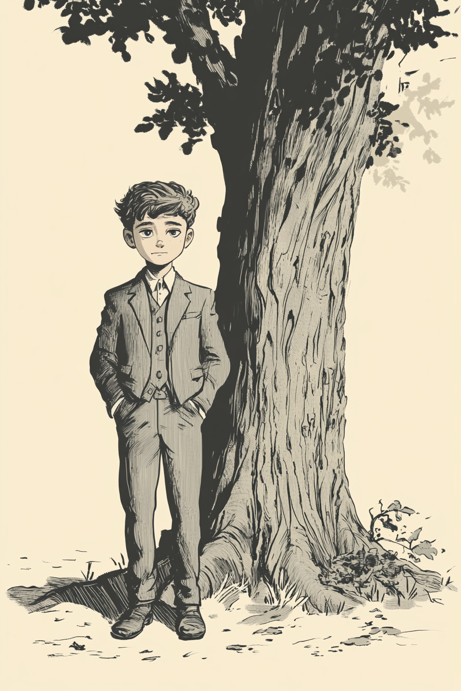 Serious boy in classic suit standing by tree.