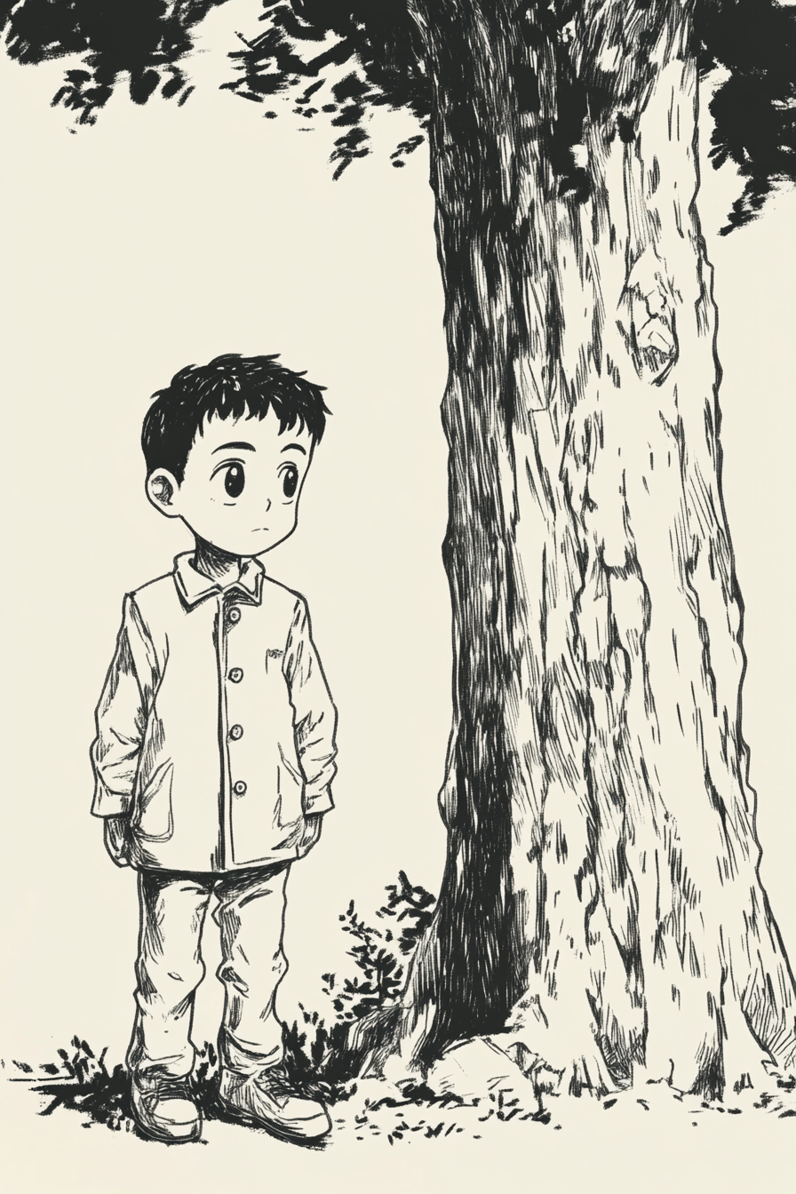 Serious boy in oversized suit next to large tree