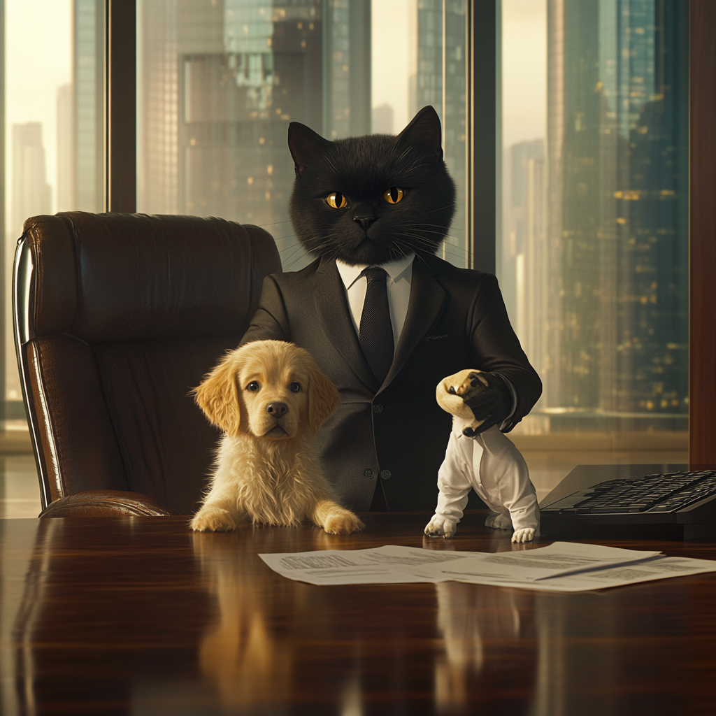 Serious cat fires puppy in dramatic office scene.