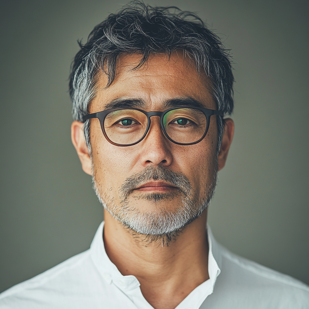 Serious middle-aged Japanese scholar in glasses, white shirt.