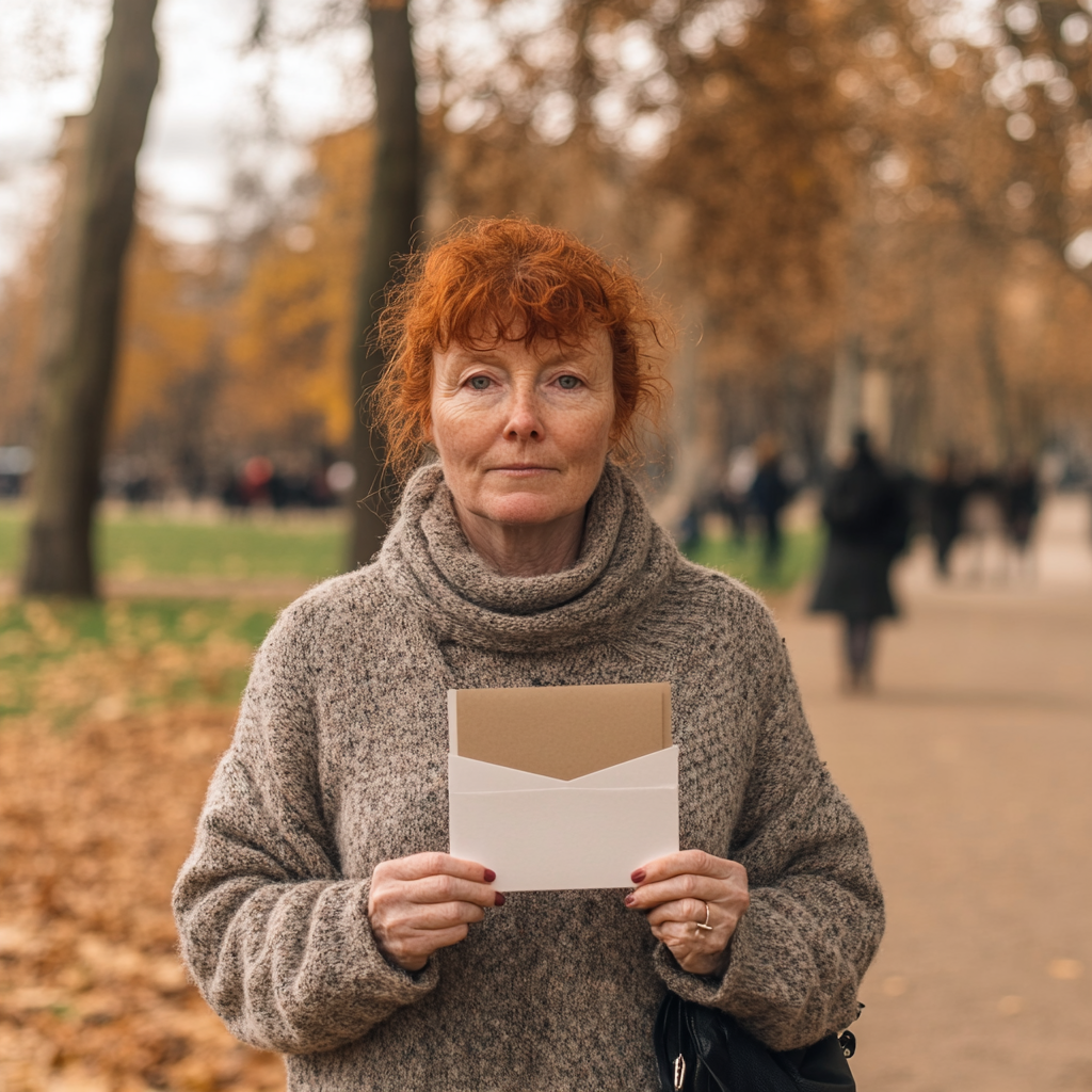 Red-headed woman holding envelope in park