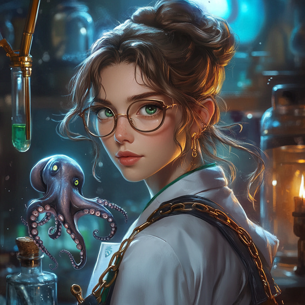 Serious woman with brown hair, green eyes, glasses, octopus.