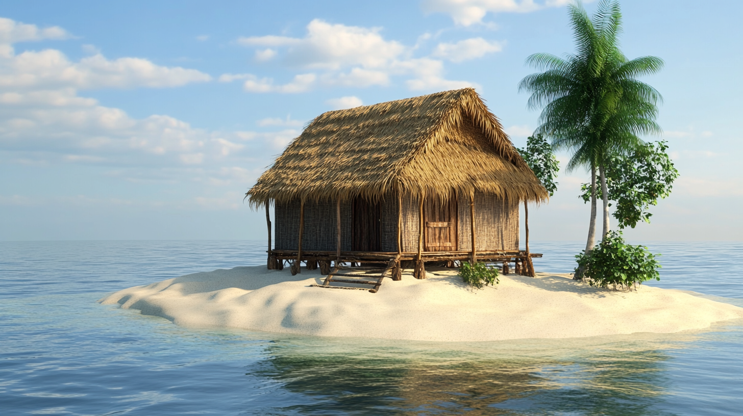 Servant's island hut with sand walls and thatch roof.