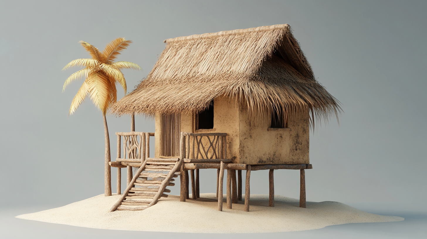 Servant island hut with mud walls and thatch roof.