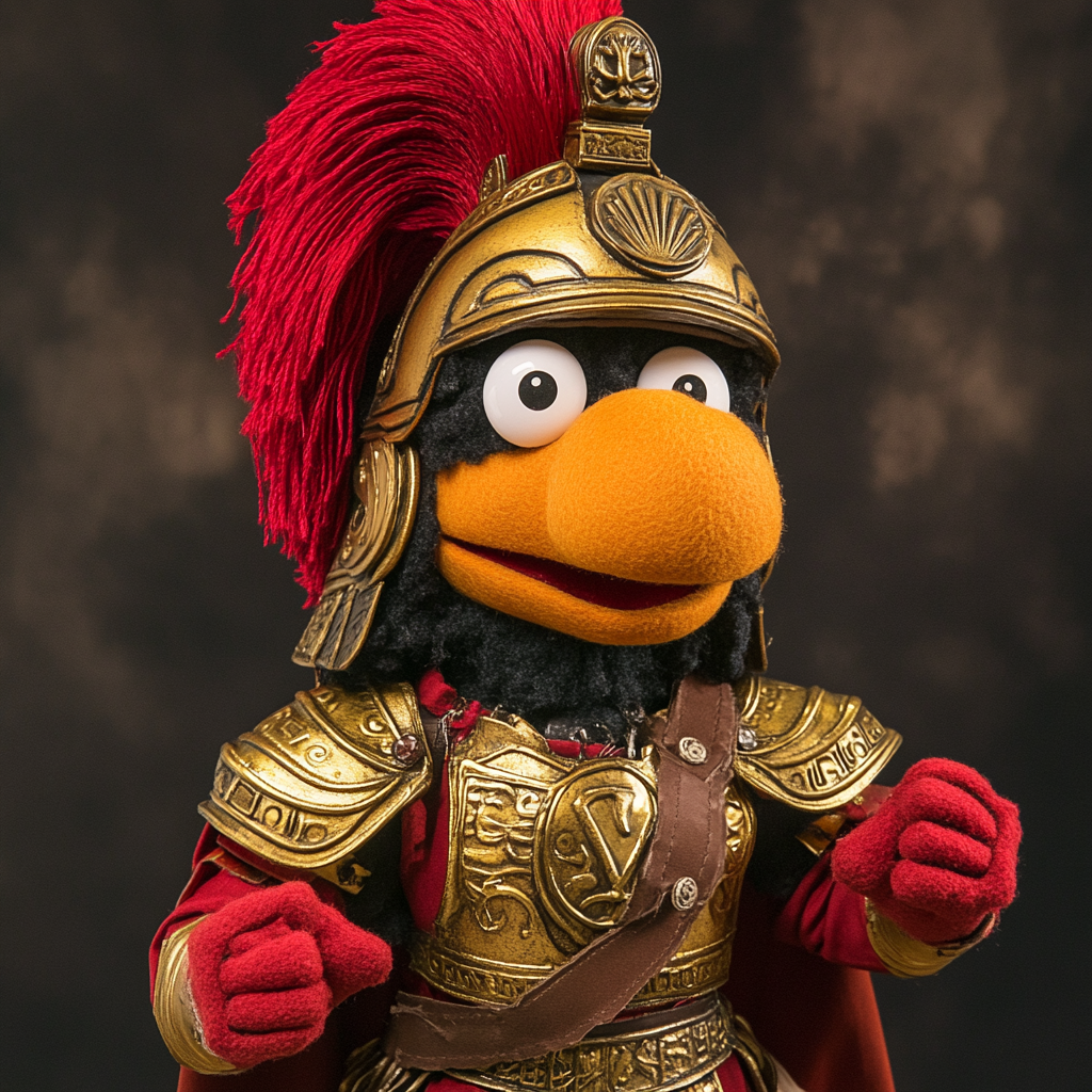 Sesame Street puppet with Spartan armor and helmet.