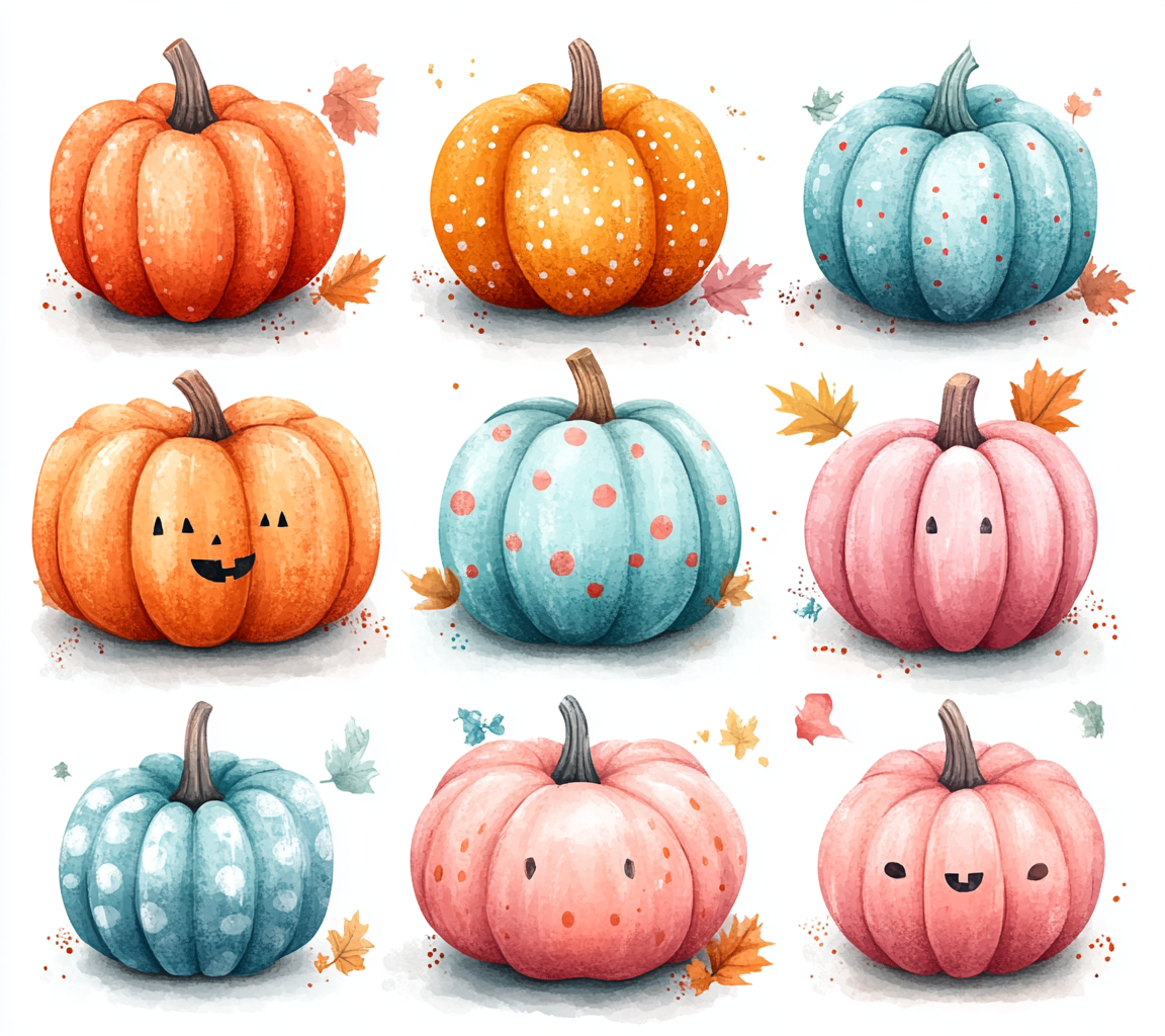 Set of cute hand drawn pumpkins with pastel stripes.