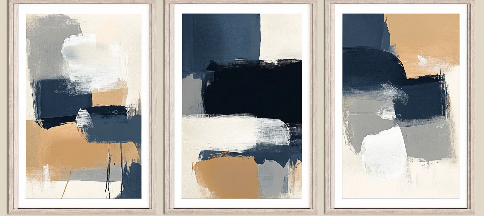 Set of three abstract art frames in neutral tones.