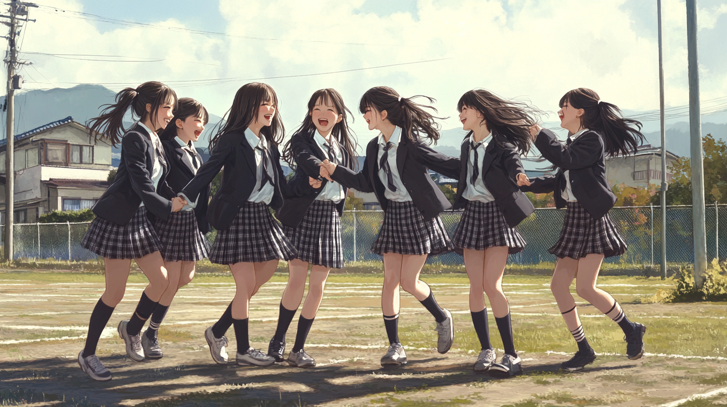 Seven Japanese high school girls in black blazers, skirts, laughing outdoors.