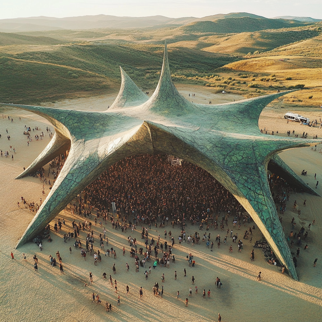 Shade structure for Ozora Festival with modern leaf shape.