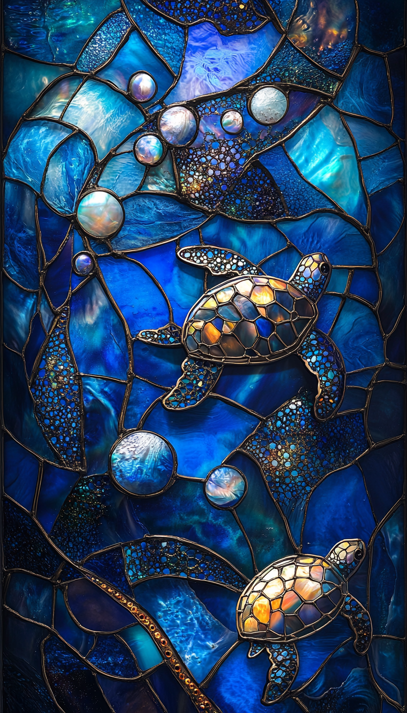 Shades of blue and turquoise underwater stained glass.