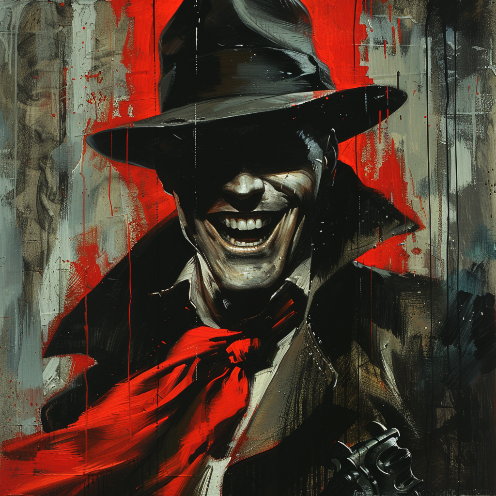 Shadow in fedora, red scarf, laughing with guns, dramatic.