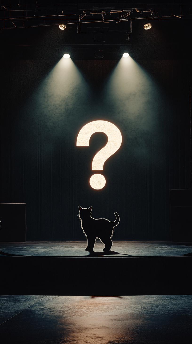 Shadow of cat with glowing question mark on stage.