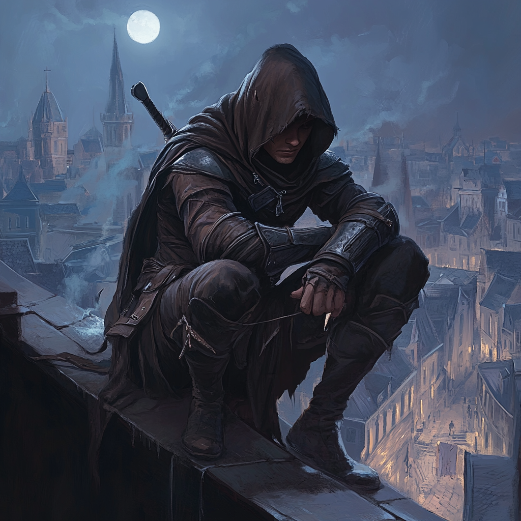 Shadowed halfling rogue crouching on rooftop overlooking medieval city.