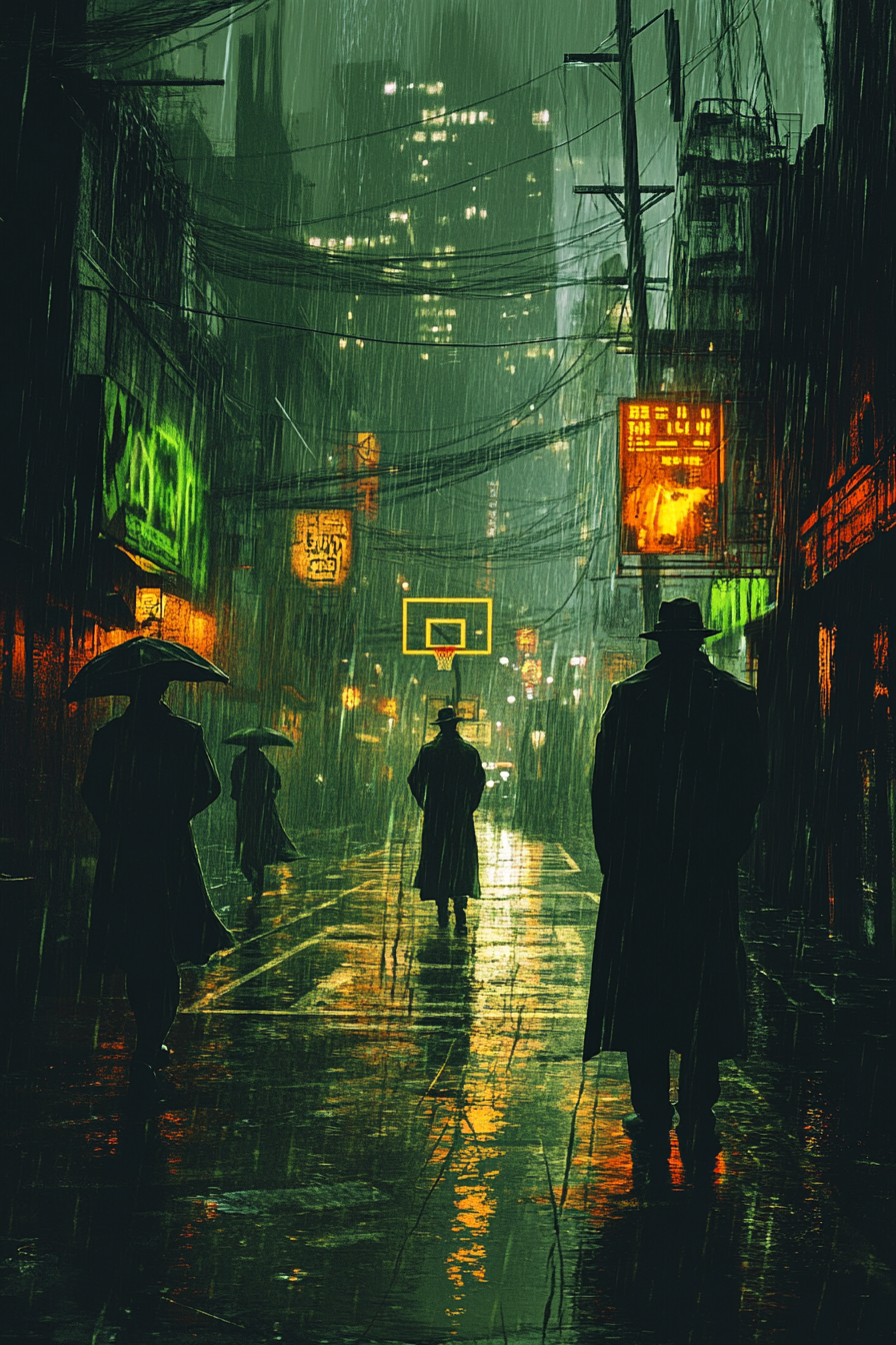 Shadowy basketball game in noir city atmosphere