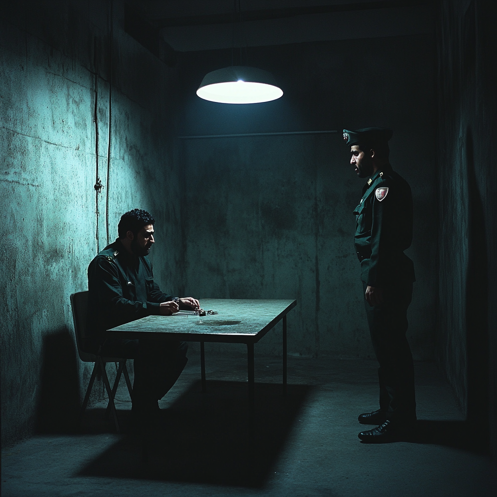 Shadowy figure interrogated by military officer in dark room.