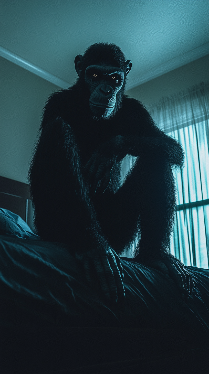 Shadowy monkey demon sitting on bed staring at camera.