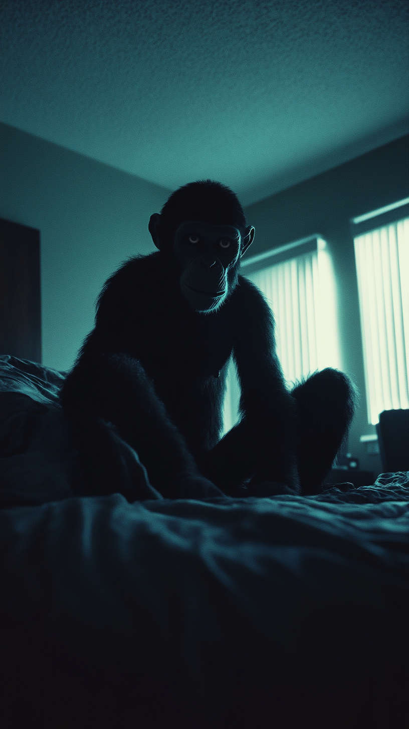 Shadowy monkey demon sitting on edge of bed staring.